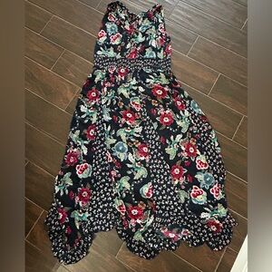 Bila - Navy and Red Floral Patchwork Smock Waist Dress Boho